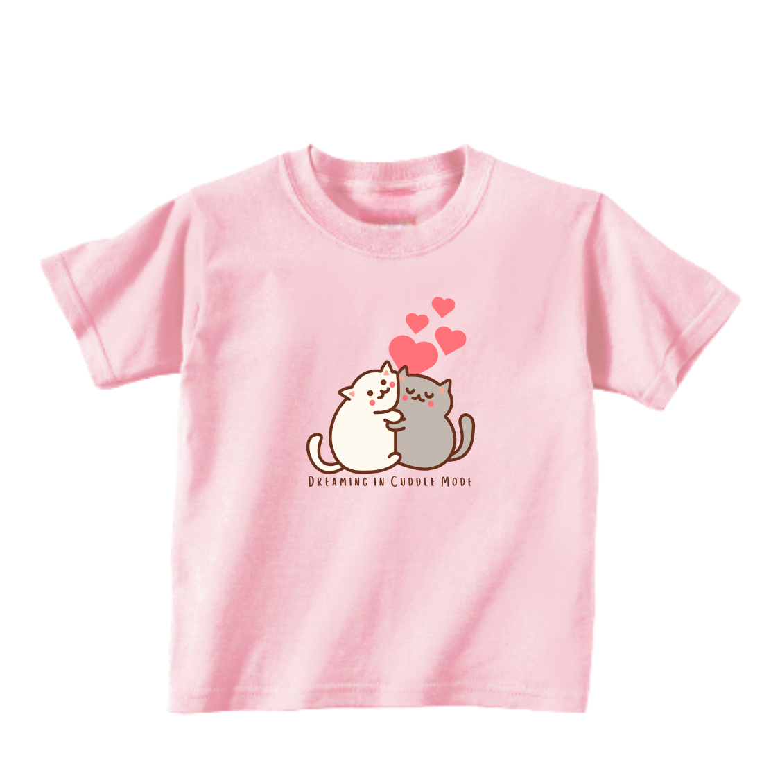 Pink t-shirt with cartoon cats and hearts on a white background