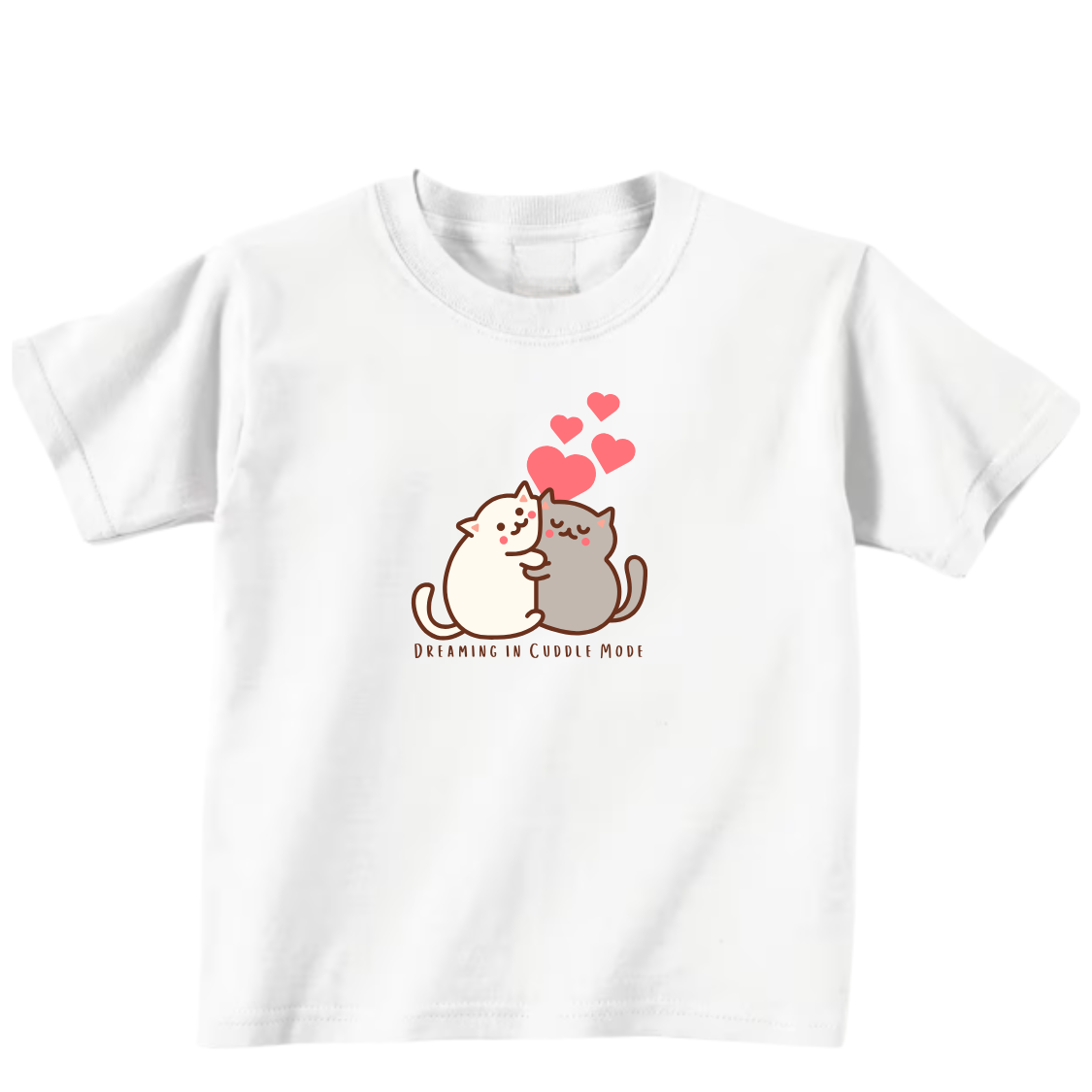 White t-shirt with cartoon cats and hearts on a white background