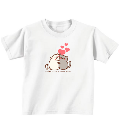 White t-shirt with cartoon cats and hearts on a white background